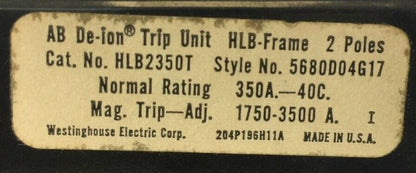 WESTINGHOUSE HLB2350T AB TRIP UNIT 350AMP 2POLE INST TRIP 1750-3500A 5680D04G17