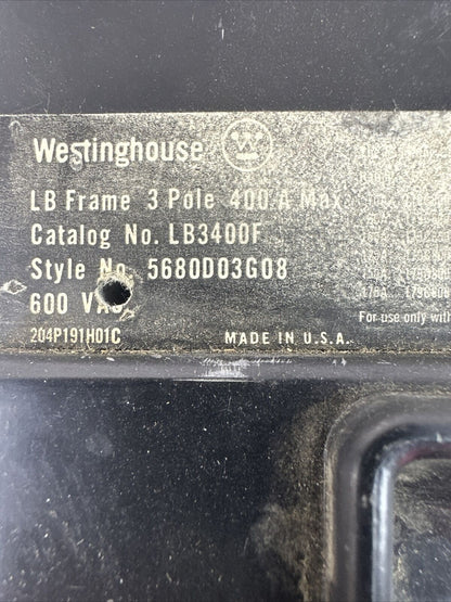 WESTINGHOUSE LB3400F 600VAC 3P 400A CIRCUIT BREAKER FRAME 250A TRIP UNIT W/SHUNT