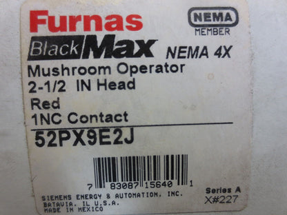 FURNAS 52PX9E2J MUSHROOM OPERATOR, RED - 2-1/2" HEAD, 1NC CONTACT - NEW SURPLUS