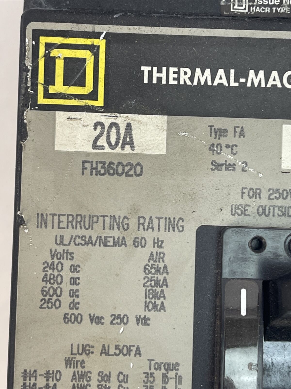 SQUARE D FH36020 CIRCUIT BREAKER 20A 600VAC 250VDC 3POLE SERIES 2