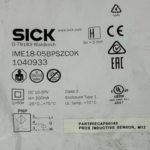 SICK IME18-05BPSZCOK PROXIMITY SENSOR 30-VDC CLASS2 200MA