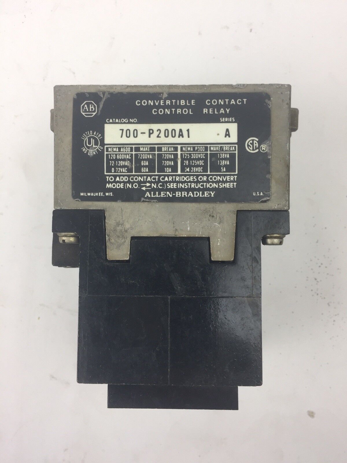 ALLEN BRADLEY 700-P200A1 AC CONTROL RELAY SERIES A COIL 230-240V 60HZ 220V 50HZ