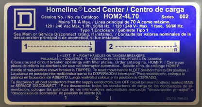 SQUARE D HOM2-4L70 HOMELINE LOAD CENTER 70A 120/240VAC HOM115 FUSE 15A 120/240VA