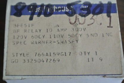 WESTINGHOUSE BFE51F INDUSTRIAL CONTROL RELAY, TYPE BF 300V, 10A - NEW SURPLUS