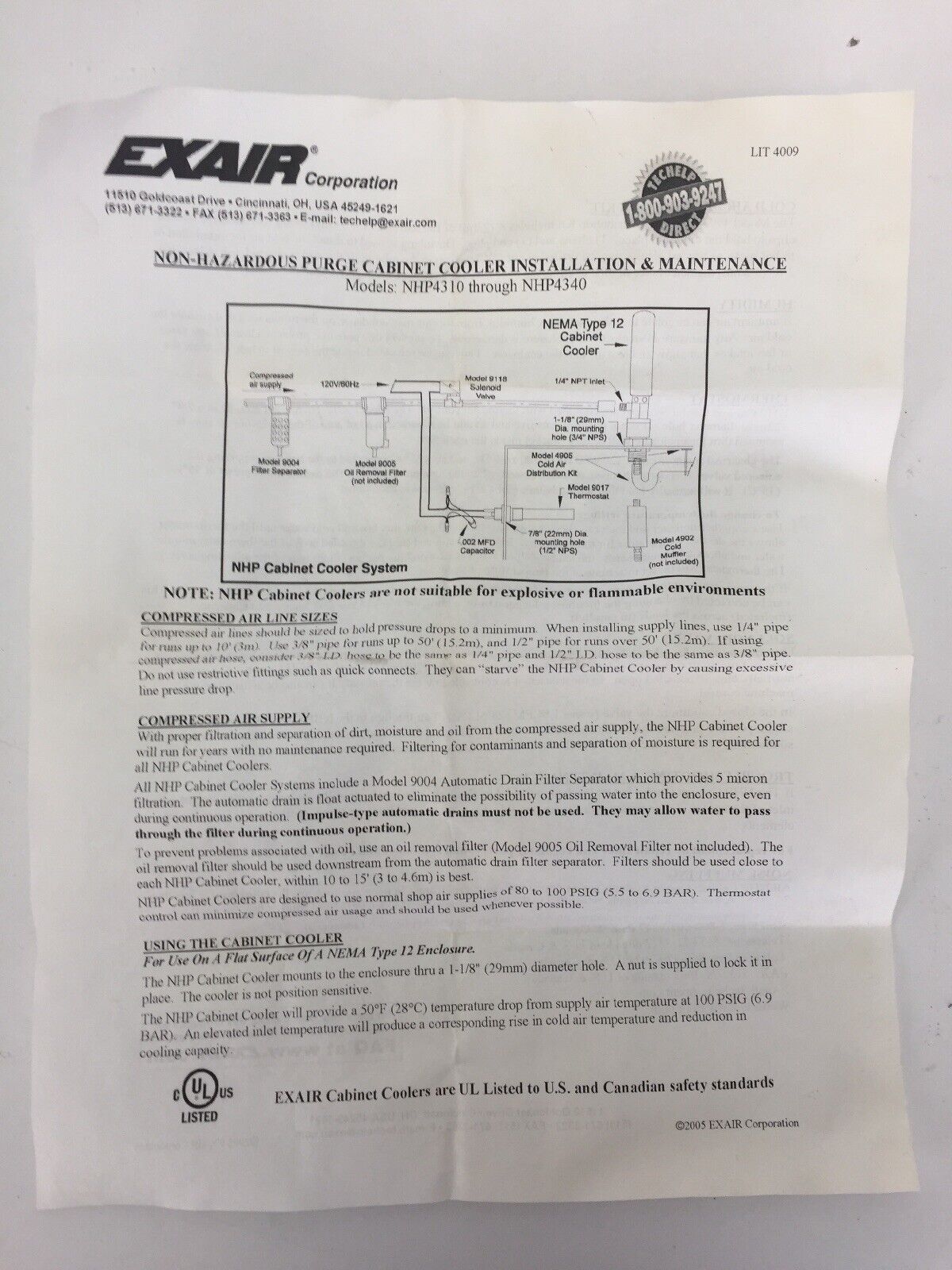 EXAIR NHP4025 CABINET COOLER ONLY 1700 BTU/HR 1/4 NPT 255CFM 250 PSIG NEMA 12