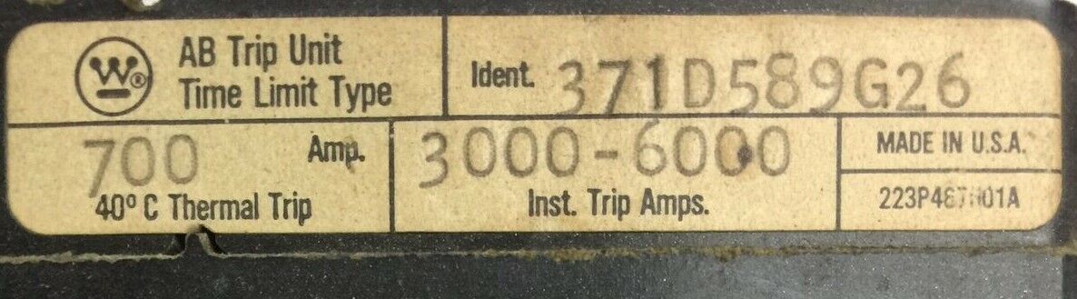 WESTINGHOUSE HNB3700T AB TRIP UNIT 700AMP INST TRIP 3000-6000A 371D589G26