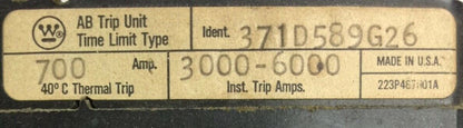 WESTINGHOUSE HNB3700T AB TRIP UNIT 700AMP INST TRIP 3000-6000A 371D589G26