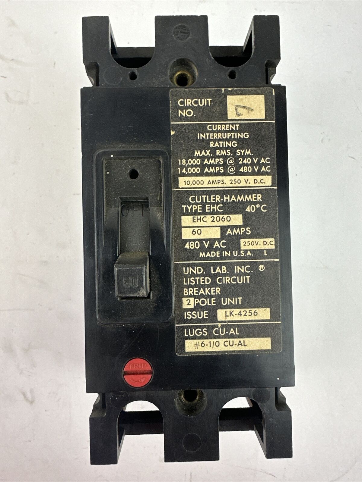 CUTLER HAMMER EHC2060 CIRCUIT BREAKER 60AMP 240/480VAC 250VDC 2POLE