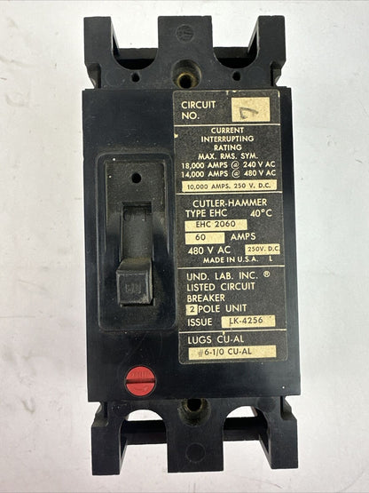 CUTLER HAMMER EHC2060 CIRCUIT BREAKER 60AMP 240/480VAC 250VDC 2POLE