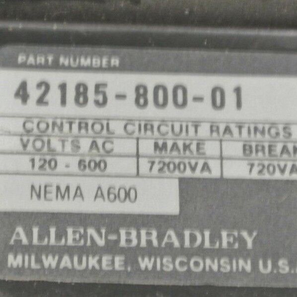 ALLEN-BRADLEY 42185-800-01 OVERLOAD RELAY 120-600VAC - MAKE 7200VA, BREAK 720VA