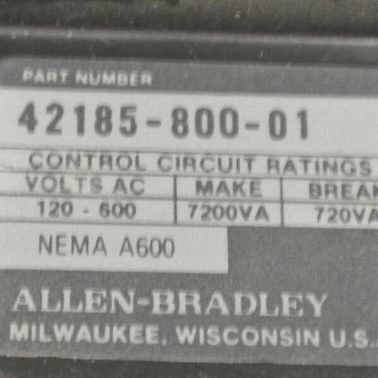 ALLEN-BRADLEY 42185-800-01 OVERLOAD RELAY 120-600VAC - MAKE 7200VA, BREAK 720VA