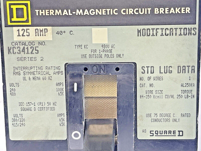 SQUARE D - KC34125 SERIES 2 - CIRCUIT BREAKER - 125 A, 480 VAC, 3 POLE