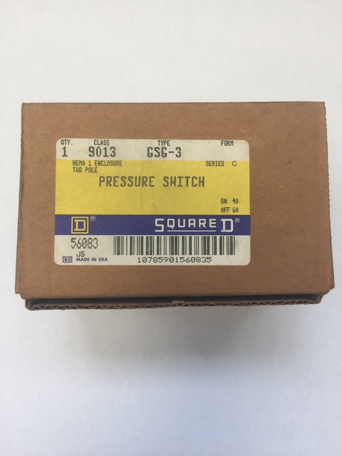 SQUARE D 9013 GSG-3 PRESSURE SWITCH NEMA 1 ENCLOSURE 2 POLE SERIES C