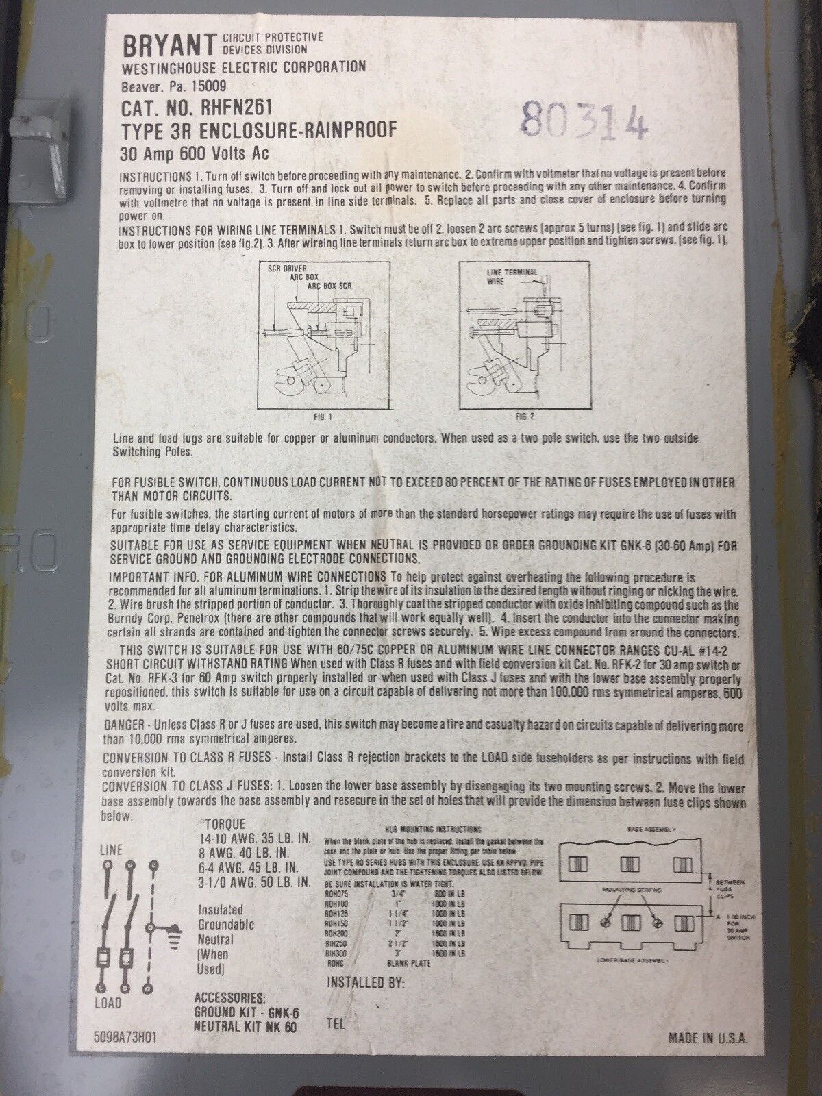 WESTINGHOUSE RHFN261 TYPE 3R RAINPROOF 30 AMP 600 VOLTS AC ENCLOSURE