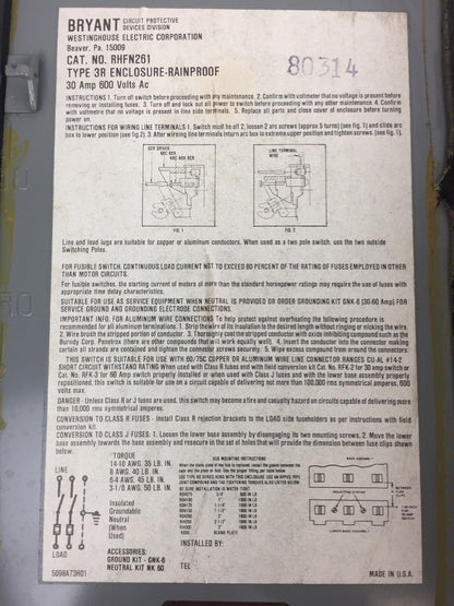 WESTINGHOUSE RHFN261 TYPE 3R RAINPROOF 30 AMP 600 VOLTS AC ENCLOSURE