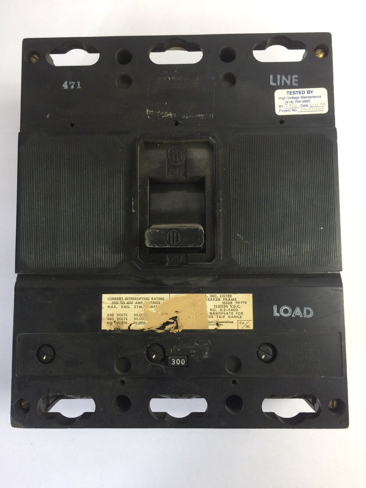 ITE JL3-F400 CIRCUIT BREAKER FRAME 600VAC 125/250VDC 300A TRIP UNIT JL3-B300