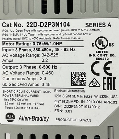 ALLEN BRADLEY 22D-D2P3N104 POWERFLEX 40P SER.A FRN3.01 3PH