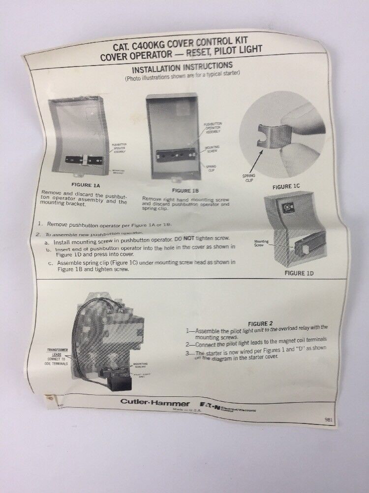 CUTLER HAMMER C400KG4A COVER CONTROL KIT PILOT LIGHT 120 V 60 HZ