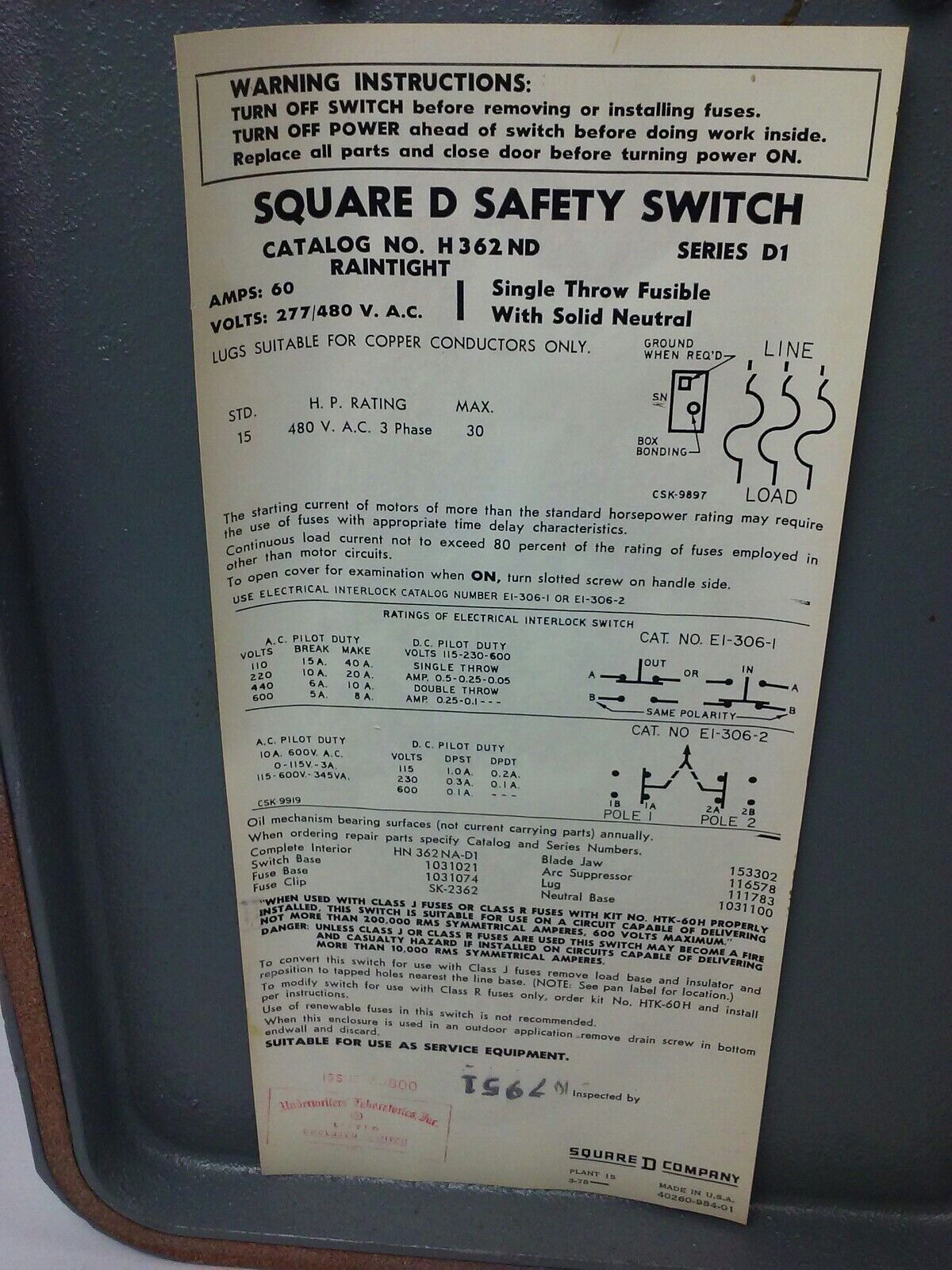 SQUARE D H362ND, H-362-ND SER D1 MISSING LOCKING LATCHES 60A 480V 3PH RAINTIGHT