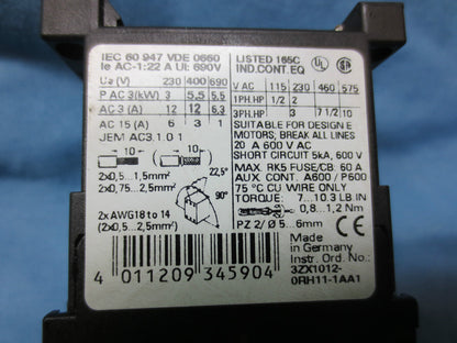 SIEMENS SIRIUS CONTACTOR 3RT1017-1AK61, 120VCOIL 20A 3PH 600V 10HP