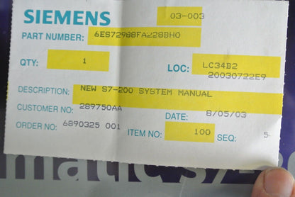 SIEMENS 6ES7 298-8FA22-8BH0 SIMATIC S7-200 SYSTEM MANUAL EDITION 01/2002 NEW SUR