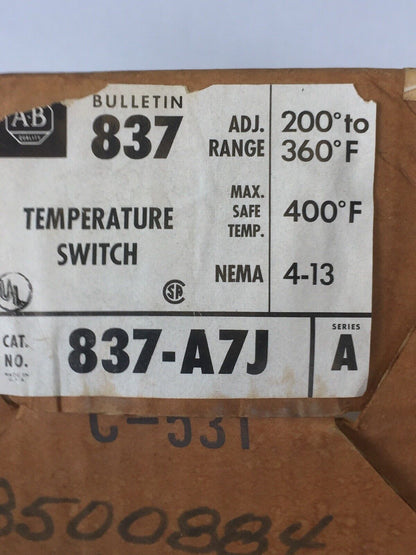 ALLEN BRADLEY 837-A7J TEMPERATURE SWITCH 200-360 F NEMA 4-13