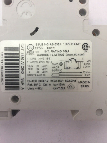 ALLEN BRADLEY 1489-A1C040 CIRCUIT BREAKER SER A 277VAC 48VDC 4A 1 POLE