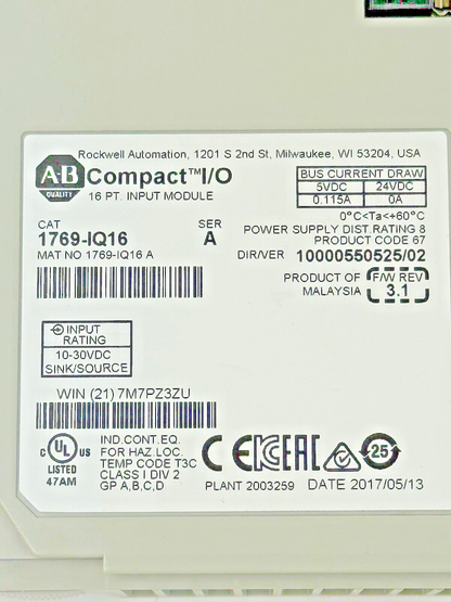 ALLEN-BRADLEY - 1769-IQ16 SER. A, F/W REV 3.1, DIR/VER 10000550525/02 - 16 PT.