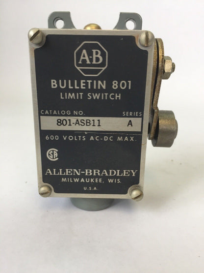ALLEN BRADLEY 801-ASB11 LIMIT SWITCH ROLLER LEVER 600V AC/DC NC CONTACT
