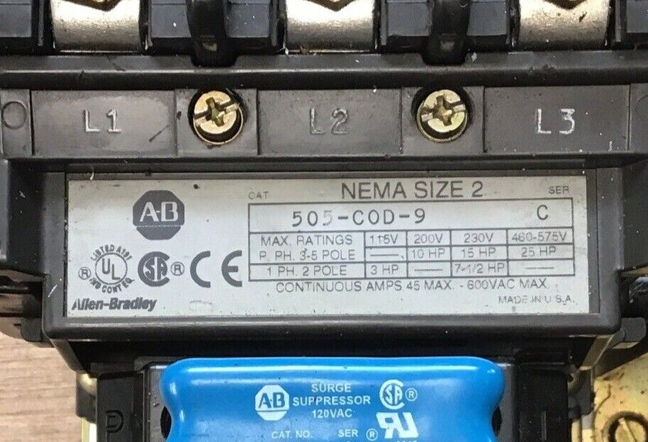 ALLEN BRADLEY 505-COD-9 REVERSING STARTER NEMA SIZE 2 SER.C 120V CC236