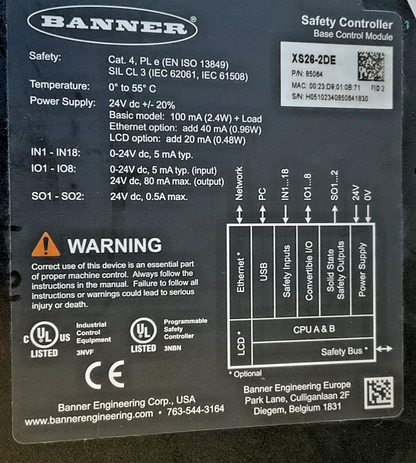 BANNER XS26-2DE SAFETY CONTROLLER 24VDC BASE CONTROL MODULE