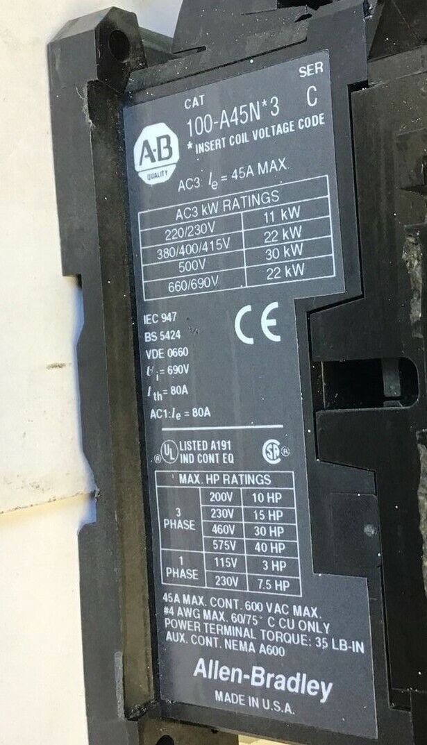 ALLEN BRADLEY 104-A45ND3 REVERSING CONTACTOR SER.C