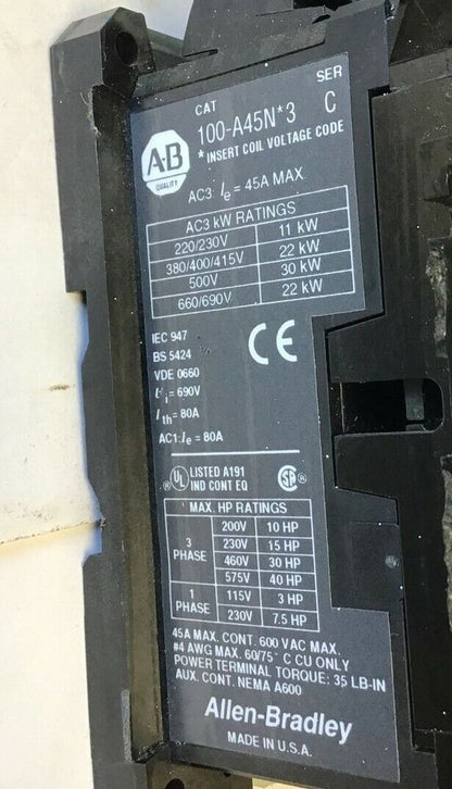 ALLEN BRADLEY 104-A45ND3 REVERSING CONTACTOR SER.C