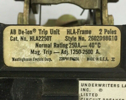 WESTINGHOUSE HLA2250T TRIP UNIT 250AMP 2POLE MAG TRIP ADJ 1250-2500A 2602D98G10