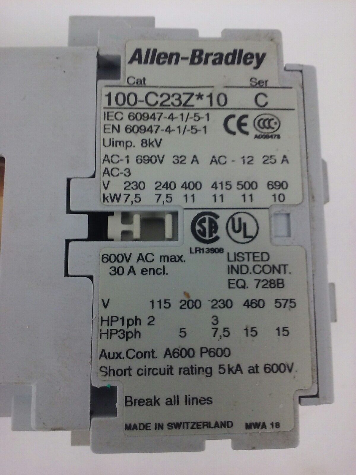 ALLEN BRADLEY 100-C23Z*10 SER. C CONTACTOR 690V 32A 11kW,600V 30A 3PH,24VDC COIL