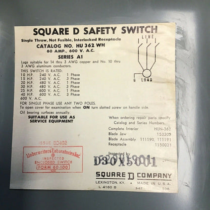 SQUARE D HU 362 WH SAFETY SWITCH SER.A1 60A NON FUSIBLE TYPE1 600VAC 40HP