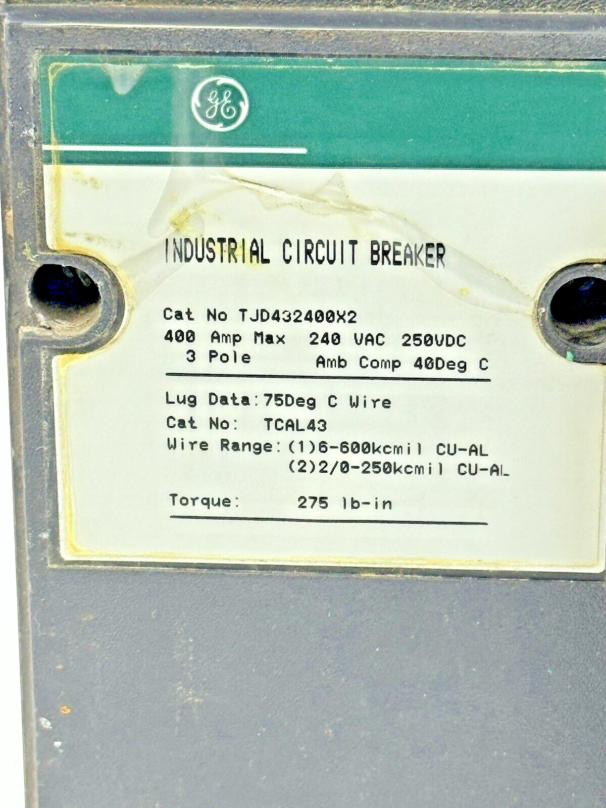 GE - TJD432400X2 - INDUSTRIAL CIRCUIT BREAKER - 3 POLE/240 VAC/400A
