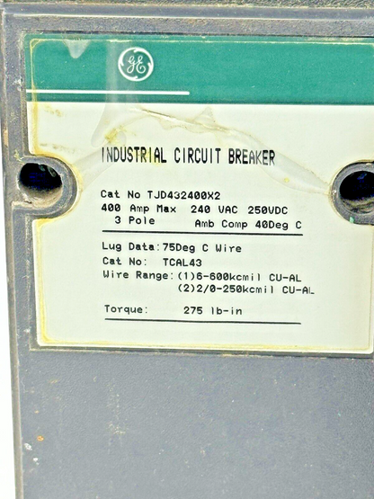 GE - TJD432400X2 - INDUSTRIAL CIRCUIT BREAKER - 3 POLE/240 VAC/400A