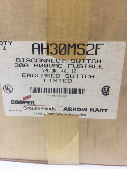 ARROW HART AH30MS2F DISCONNECT SWITCH 30A 600VAC FUSIBLE TYPE 3T,4X,12 ENCLOSED
