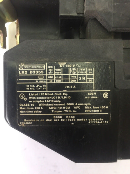 TELEMECANIQUE MOTOR STARTER D65004 CONTACTOR 600VAC 80A 3PH 50HP LR2D3355 OVER