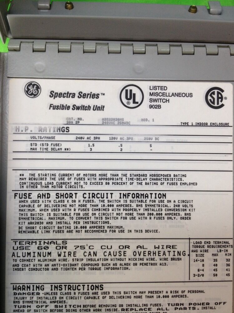 GE SPECTRA SERIES FUSIBLE SWITCH UNIT ADS22030HS 30A 240V 3HP