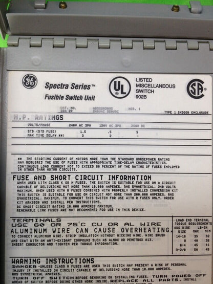 GE SPECTRA SERIES FUSIBLE SWITCH UNIT ADS22030HS 30A 240V 3HP