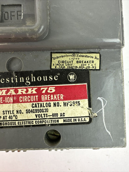 WESTINGHOUSE HF3015 15AMP 600VAC 3POLE MARK 75 AB DE-ION CIRCUIT BREAKER