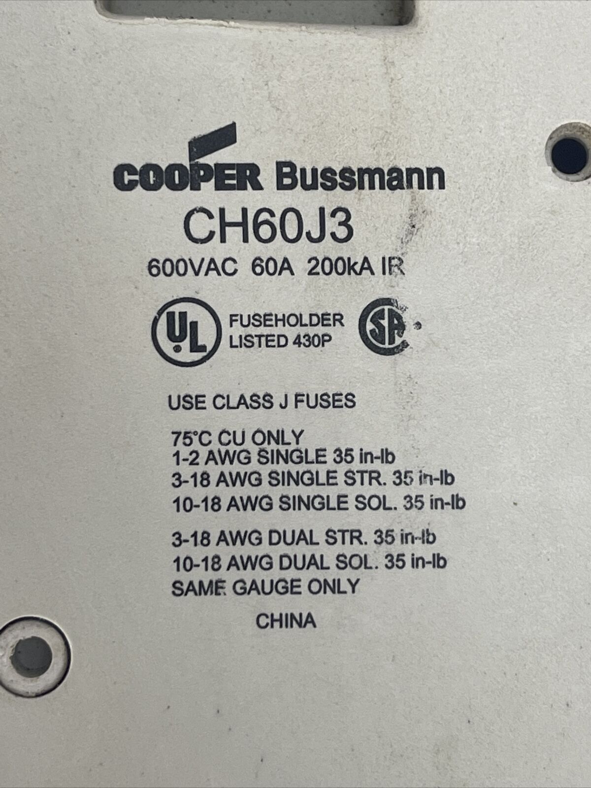 BUSSMANN CH60J3 FUSE HOLDER 600VAC 60A USE CLASS J FUSES