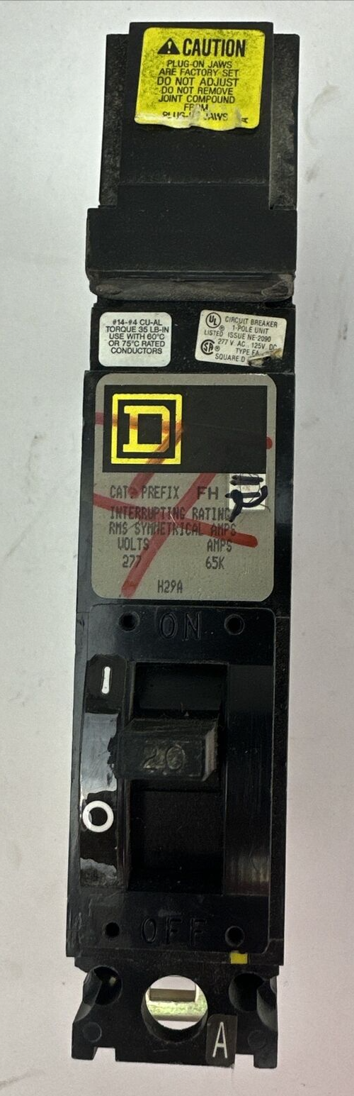 SQUARE D FH16020A CIRCUIT BREAKER 20AMP 277VAC 125VDC 1POLE
