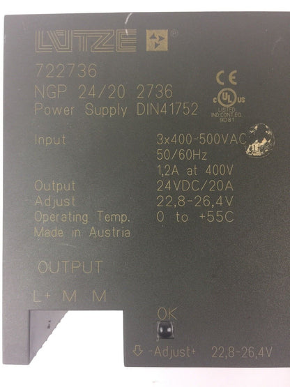 LUTZE 722736 NGP 24/20 2736 POWER SUPPLY 3X400-500VAC 50/60HZ 24VDC/20A