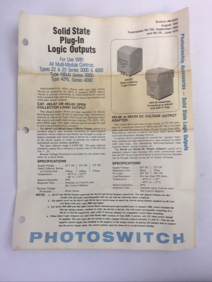 PHOTOSWITCH 63-65 SOLID STATE LOGIC OUTPUT OPEN COLLECTOR CURRENT SINK