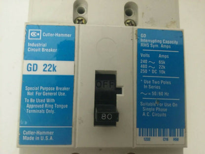 CUTLER HAMMER GD3080 CIRCUIT BREAKER 3P 80A 480V, GD 22K