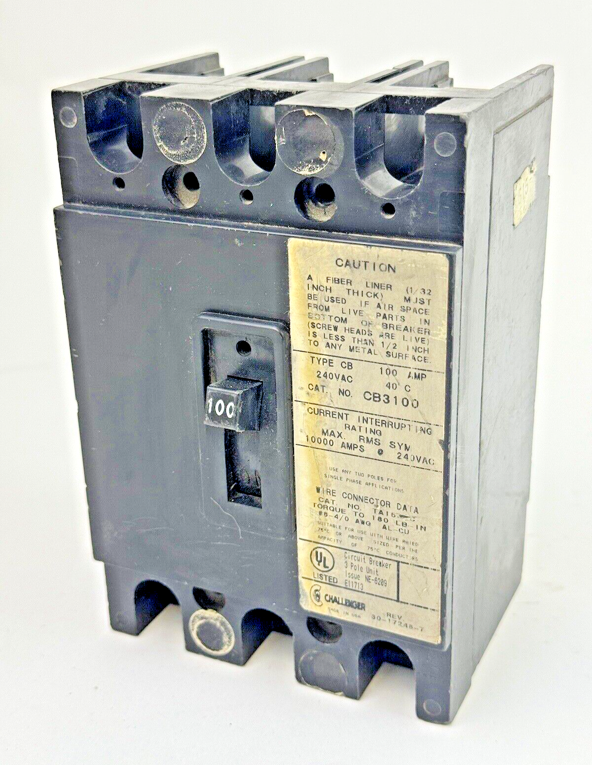 CHALLENGER - CB3100 - CIRCUIT BREAKER - 100A/3 POLE/240 VAC *NO FIBER LINER