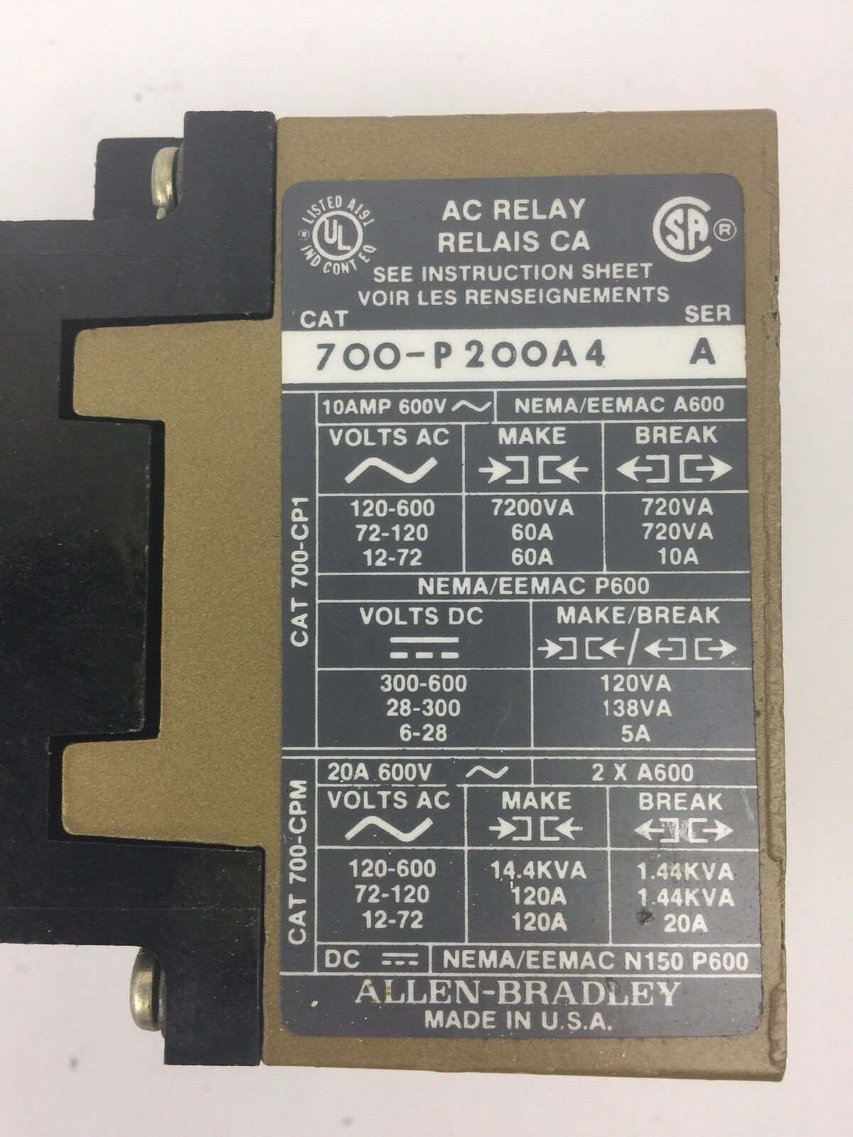 ALLEN BRADLEY 700-P200A4 AC RELAY SER A 460-480V 60HZ COIL